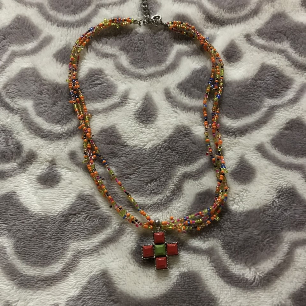 Multi colored beaded necklace with cross